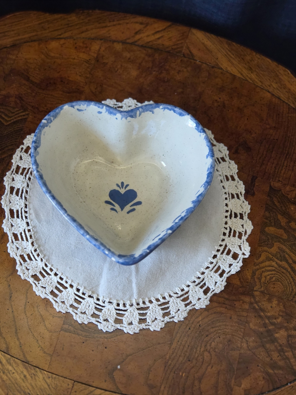 Blue Spongeware Style Heart Pottery Bowl | Primitive Country Farmhouse Decor